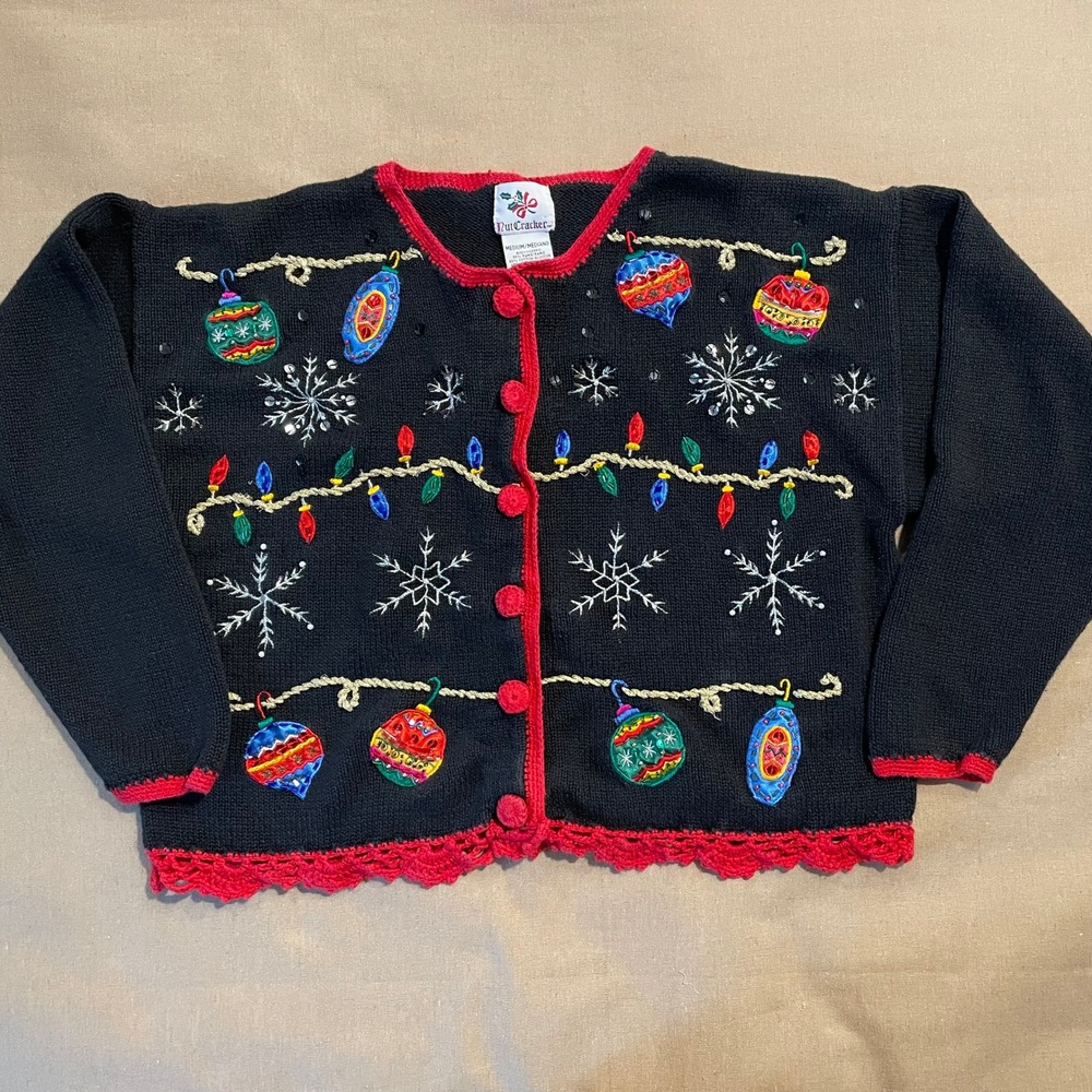 Vintage 90s Nutcracker Christmas Sweater Sz M Black Snowflake Crochet Embroidery
